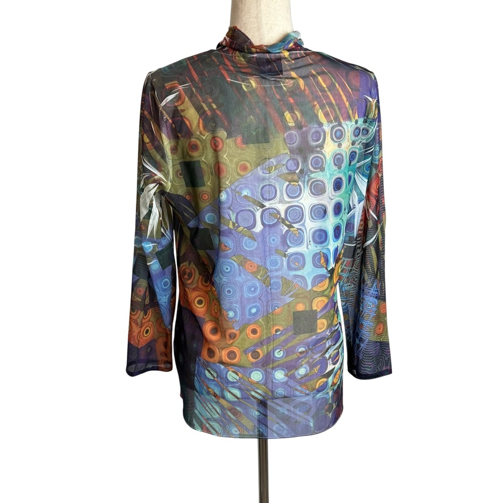 Inoah Women Large Abstract Geometric Mesh Mock Neck Long Sleeve Top CT119CBW